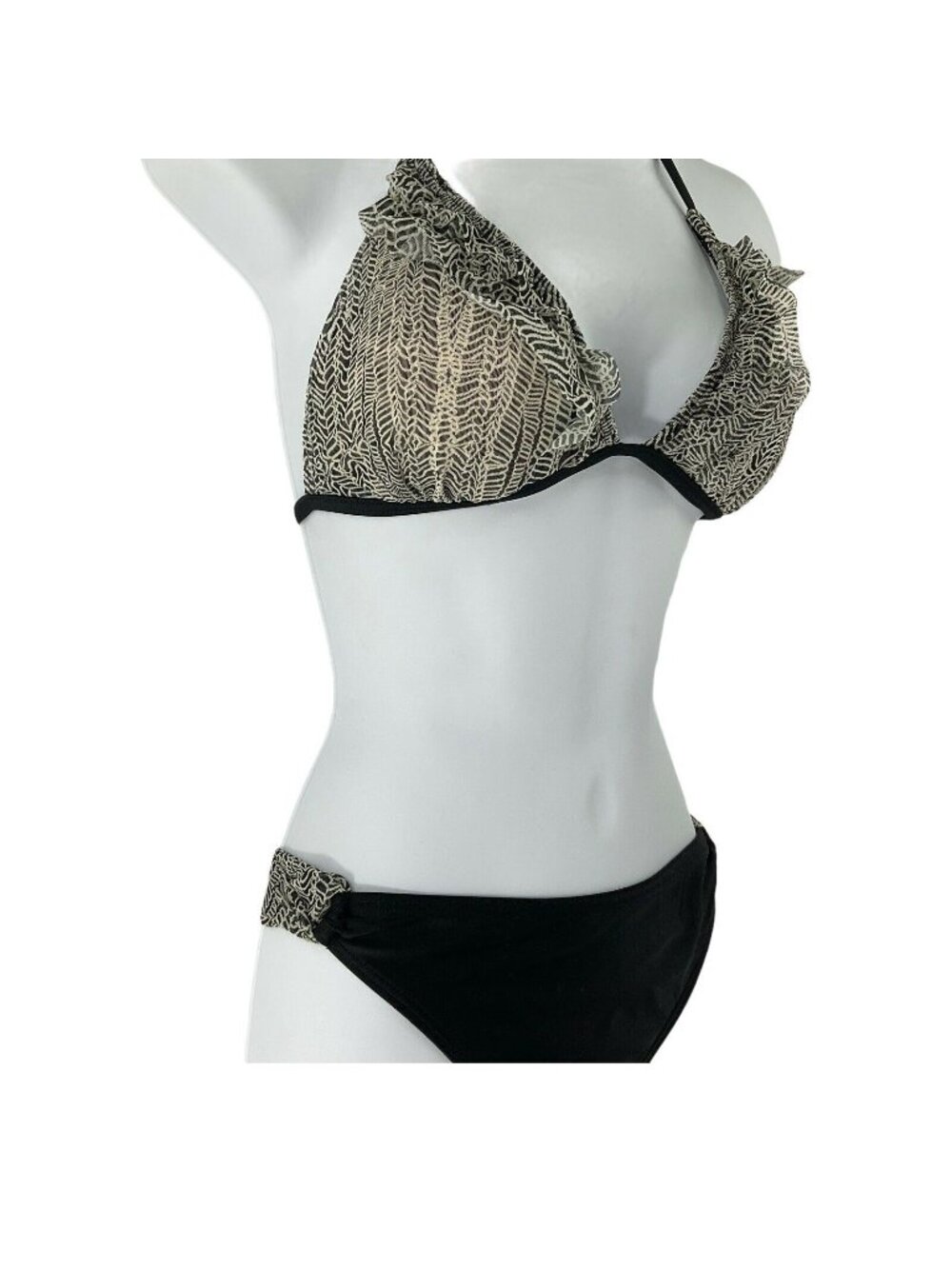 Malibu Dream Girl Bikini Womens Sz XL Black Wht Mesh Ruffle removable pads nwot